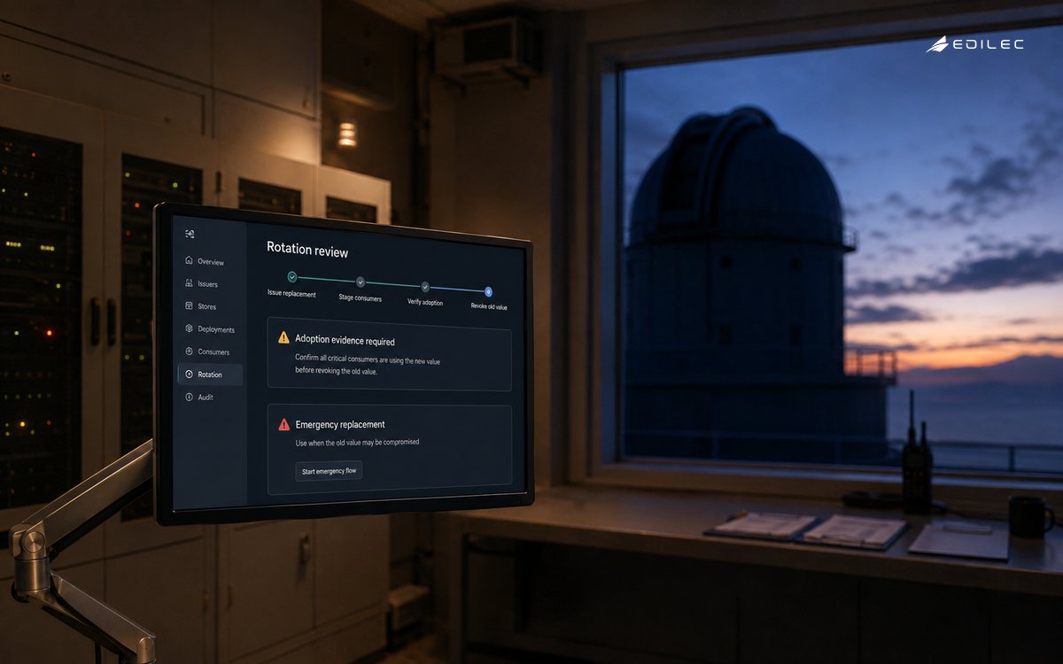 An observatory systems station reviews consumer adoption before credential revocation.