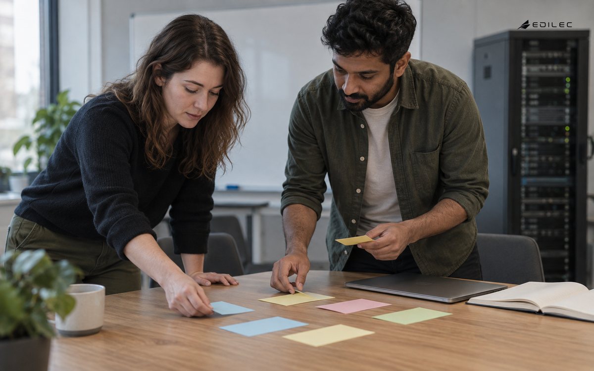 Colleagues prepare a software planning workshop with blank cards and a notebook.