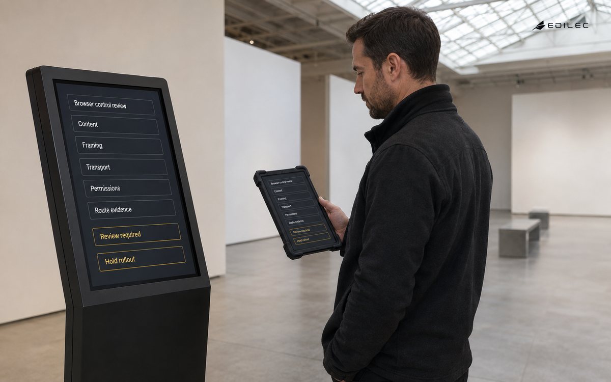 A standing specialist reviews browser-control behavior across an exhibition kiosk and tablet.