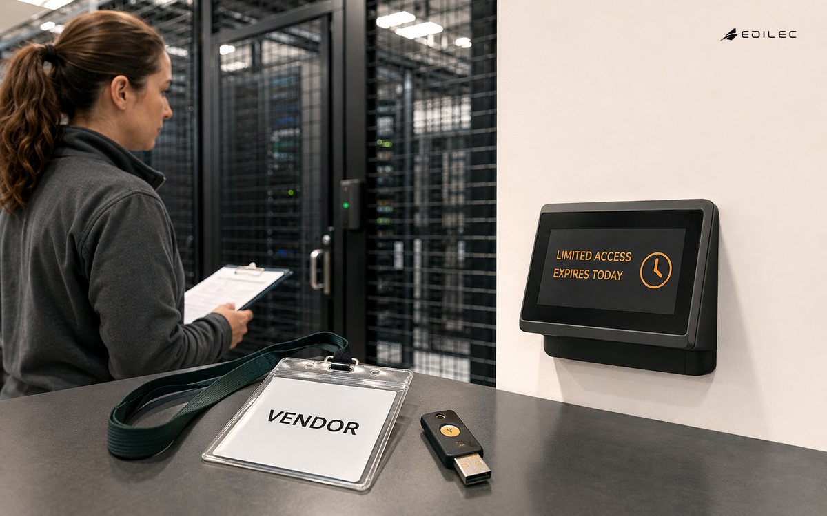 A temporary Vendor badge and security key sit beside a terminal displaying Limited Access and Expires Today.
