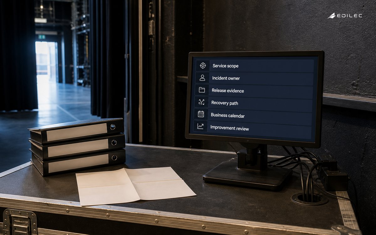 A theatre support alcove keeps service scope, recovery and improvement responsibilities visible.