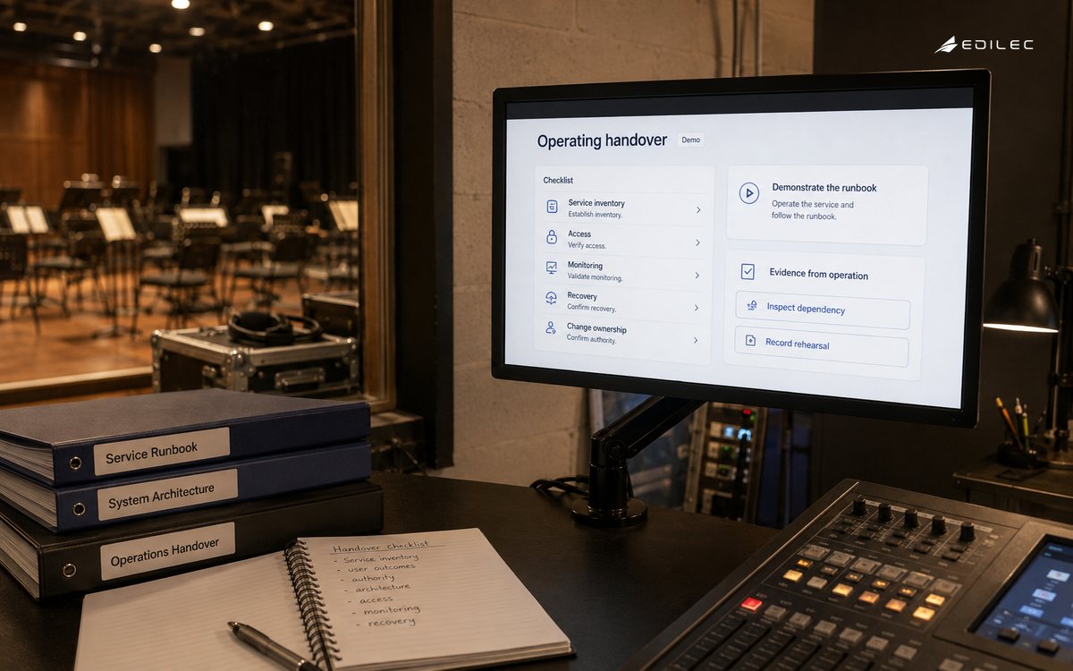 A venue support office reviews service inventory and a runbook rehearsal during an operating handover.