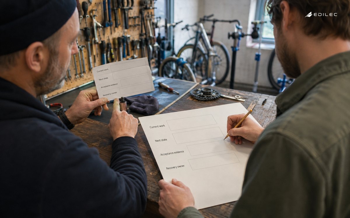 Two people in a bicycle workshop discuss matching workflow forms with empty acceptance and recovery fields.