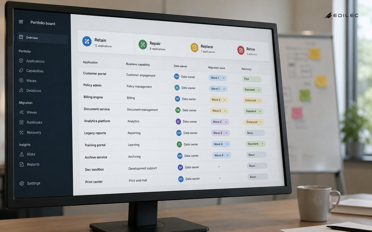 A portfolio board connects application choices to migration and recovery.