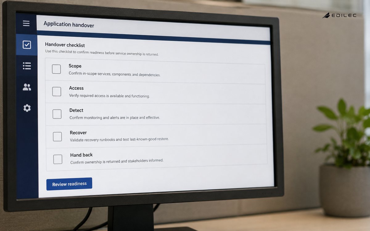 A transition checklist makes managed-application readiness reviewable.