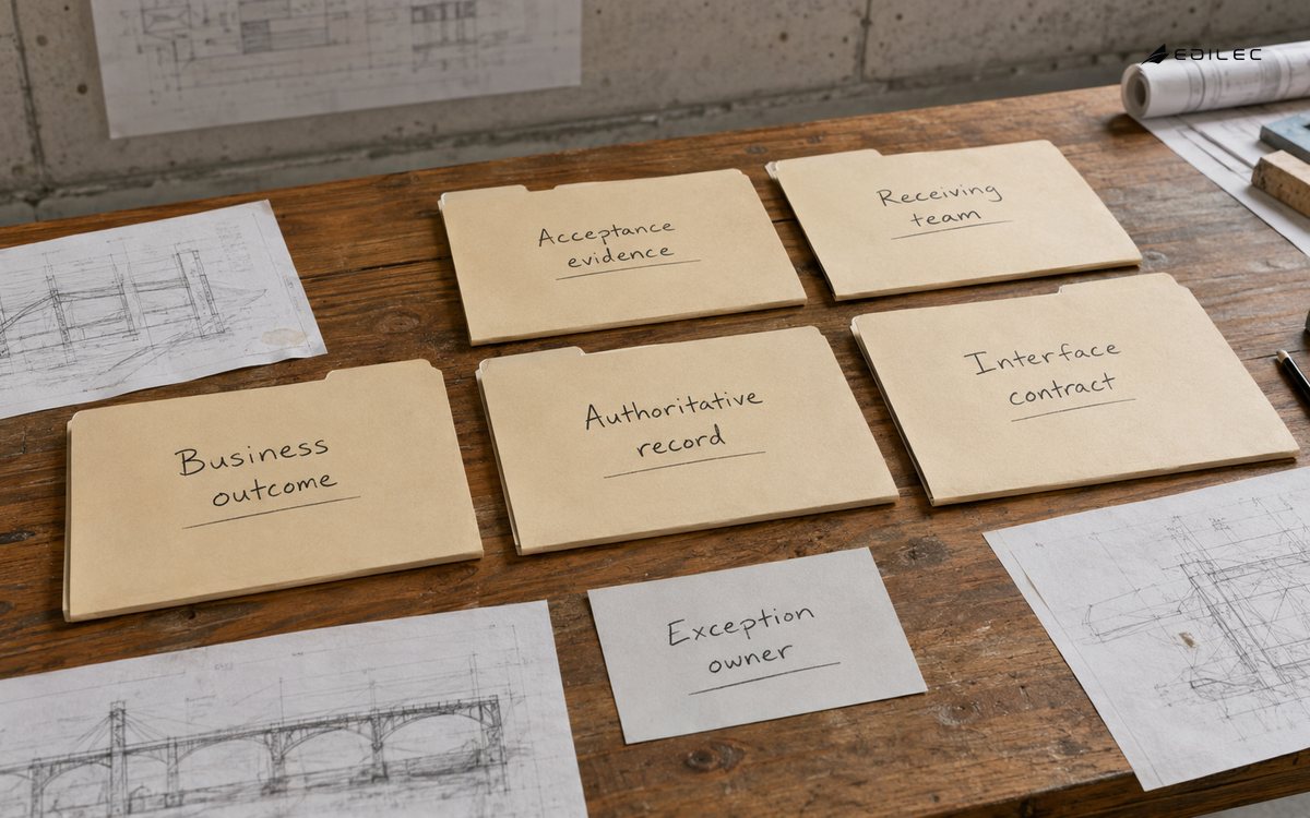 Paper folders connect an enterprise outcome with records, contracts, evidence and receiving-team responsibility.