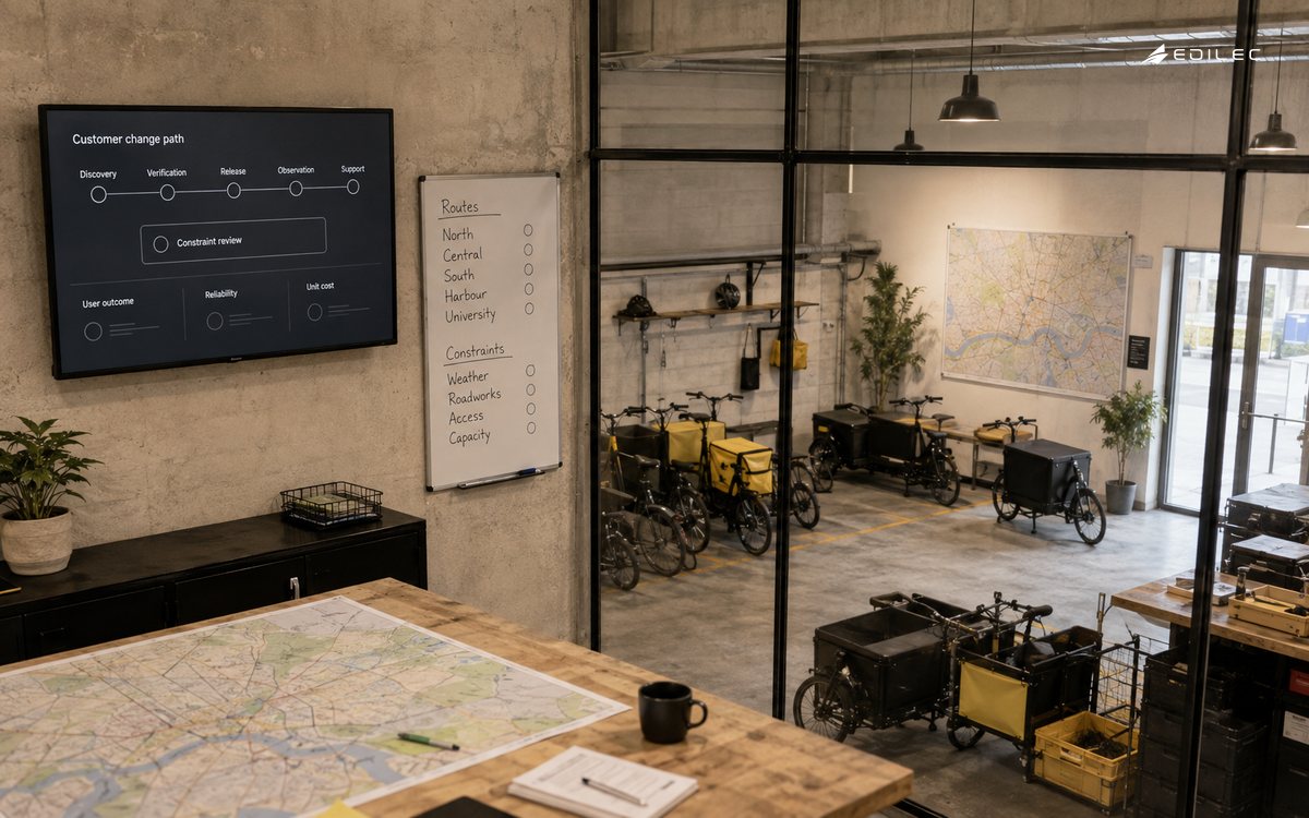 A logistics-software room displays the complete customer-change path and its operating evidence.