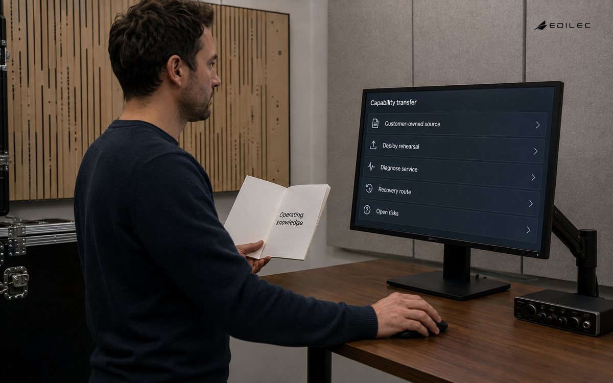 An engineer uses an operating runbook during a customer-owned capability-transfer rehearsal.