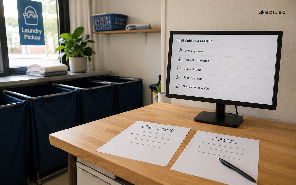 A laundry-pickup planning corner separates must-prove release scope from later work.