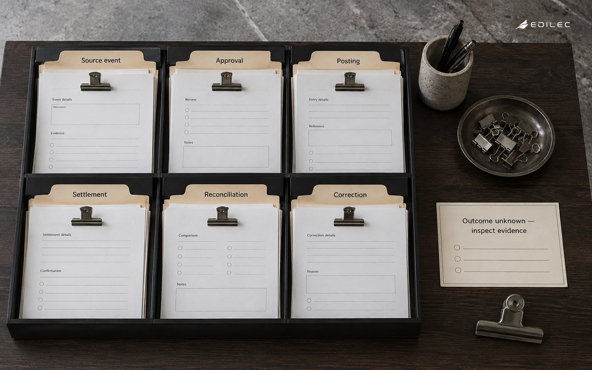 Financial-event folders preserve the approval-to-settlement trail beside an unresolved-outcome card.