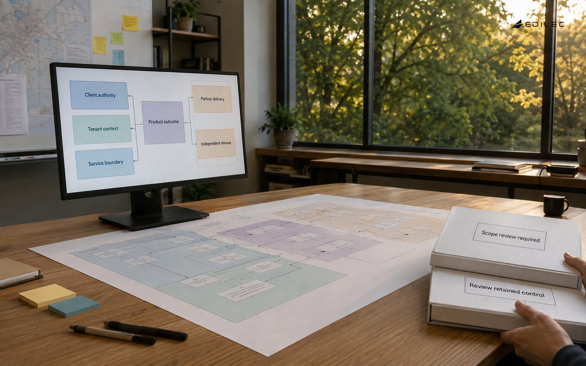 A SaaS engineering studio separates client authority from partner delivery scope.