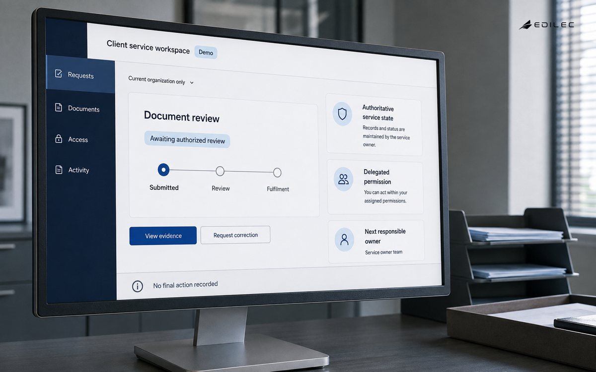 A client portal shows current organization scope and an asynchronous document review awaiting authorized action.