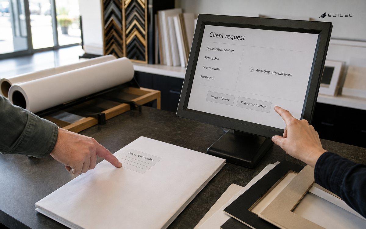A print-service client reviews a document version and request status with a portal operator.