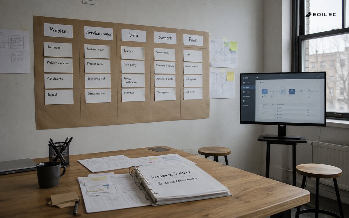 Wide photograph of a small product discovery studio with a journey map made of plain paper cards, empty stools and a modest supported opaque monitor.