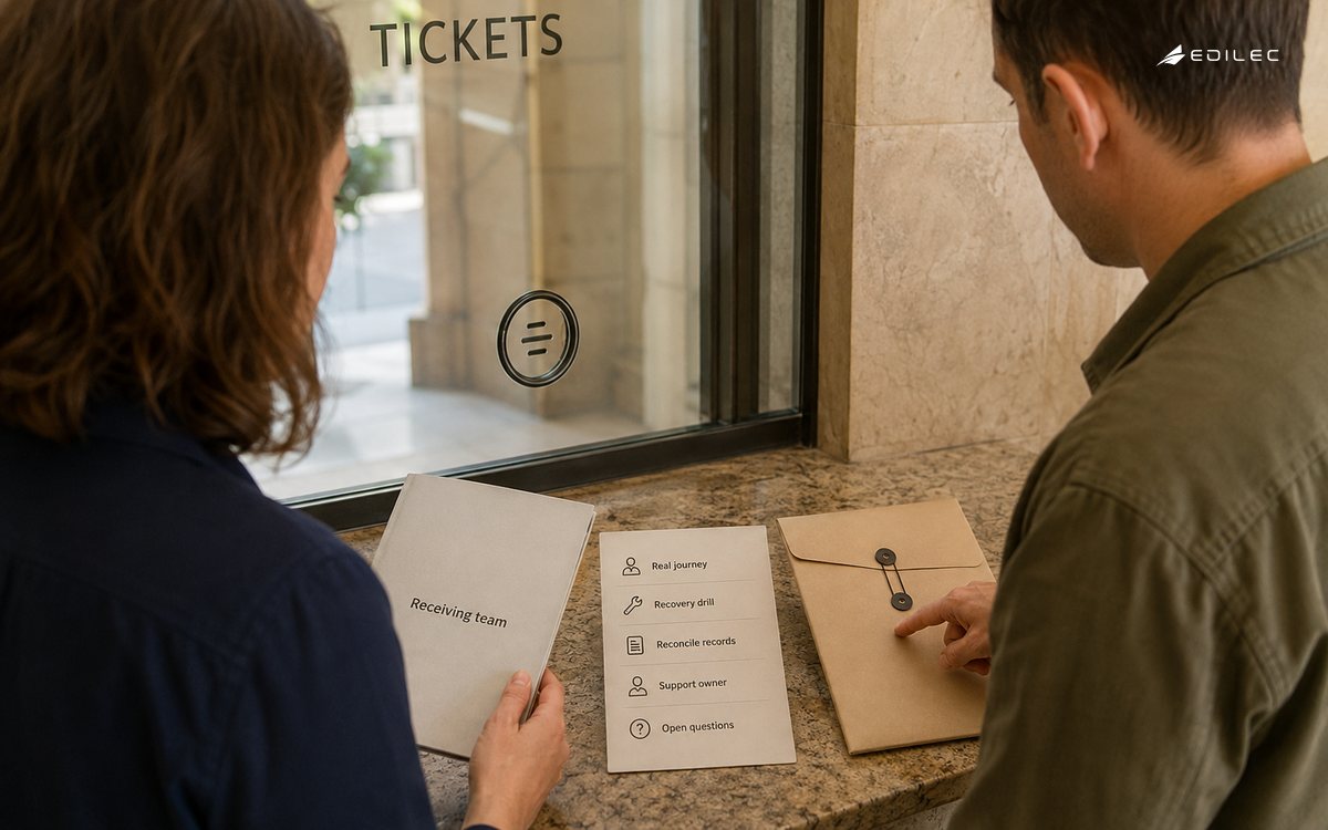 Two people at a museum ticket counter review a receiving-team folder and recovery checklist.