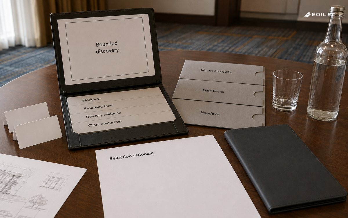 A software partner evaluation pack groups bounded discovery, proposed-team evidence and client ownership records.