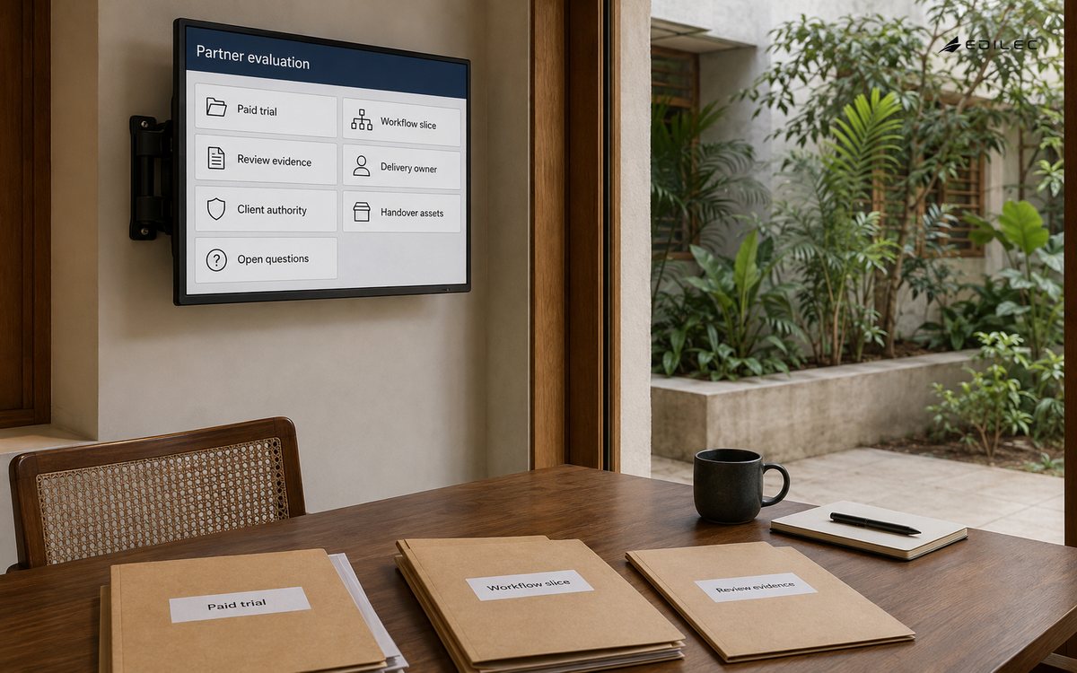 A software studio reviews a paid workflow trial, ownership and handover evidence.