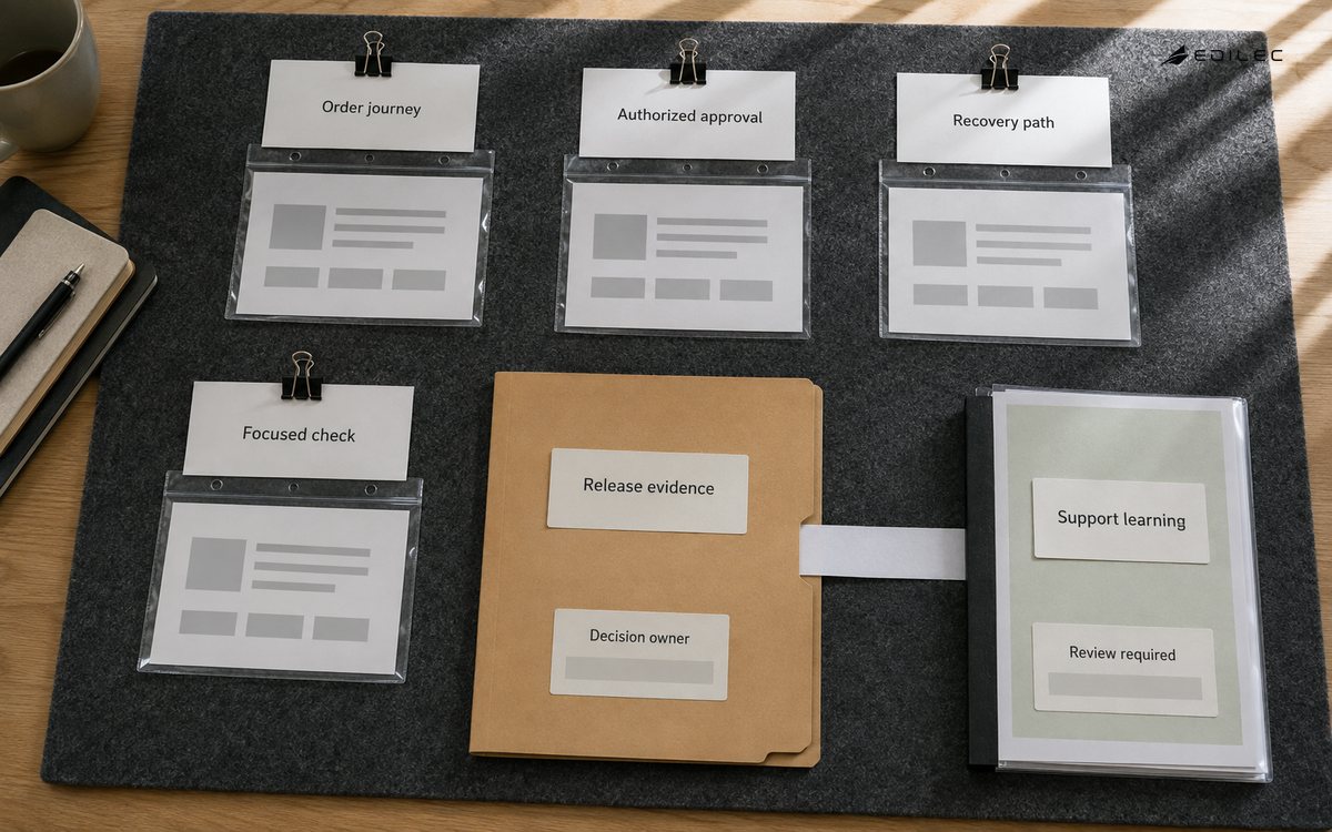 A quality plan connects order, authorization and recovery journeys to release evidence and support learning.