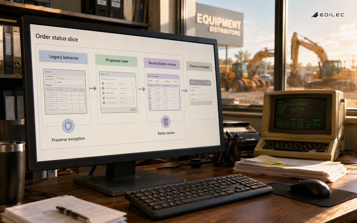 An outdoor equipment distributor office has a current order-status display and a small legacy terminal at the rear of a shared desk.