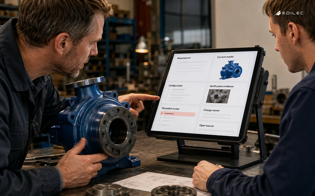 Two mechanical engineers compare a physical pump housing to a tablet on a supported drawing stand.