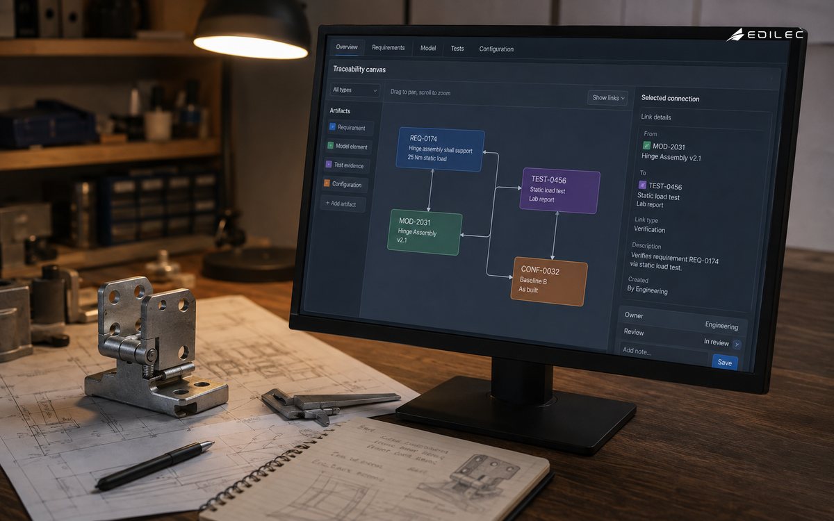 An engineering traceability view connects a requirement to a model and evidence.