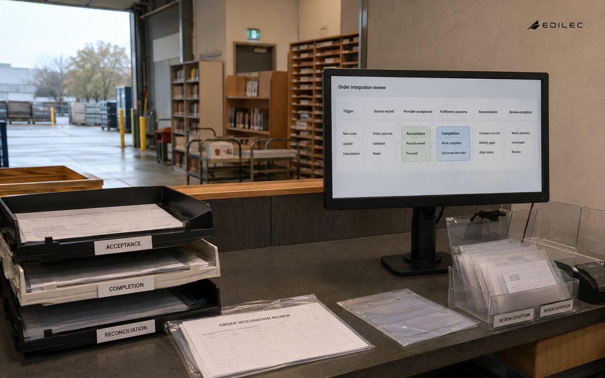 A dispatch office reviews order acceptance separately from fulfilment and reconciliation.