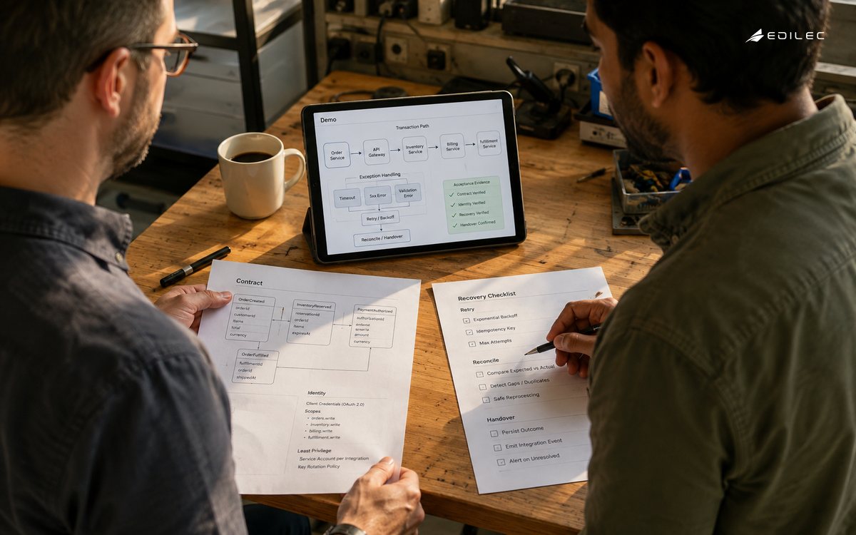 Candid overhead-angle photograph of two standing engineers comparing paper contract and recovery checklists beside a small tablet in a real kickstand at an integration workbench.