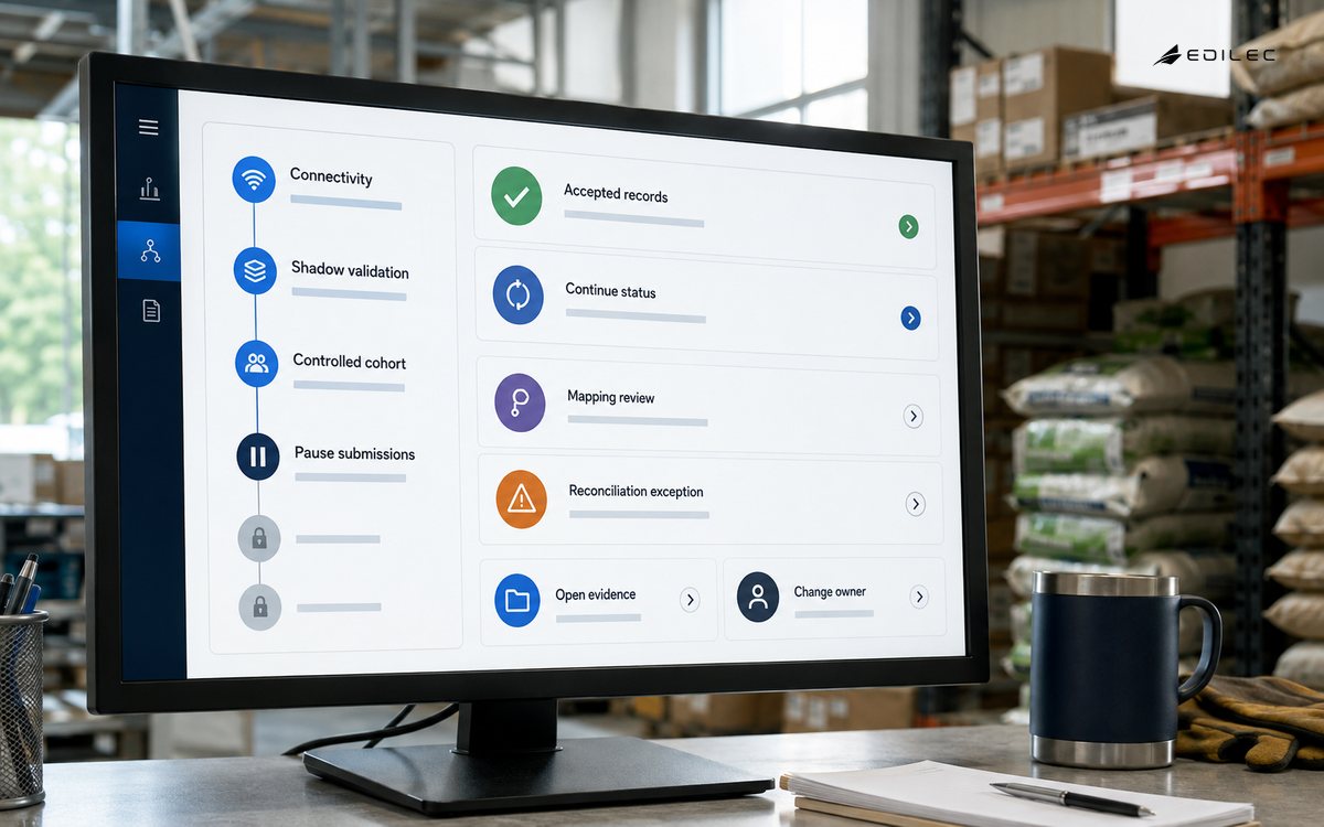 A rich integration rollout interface on a supported desktop LCD in a seed supply warehouse office.