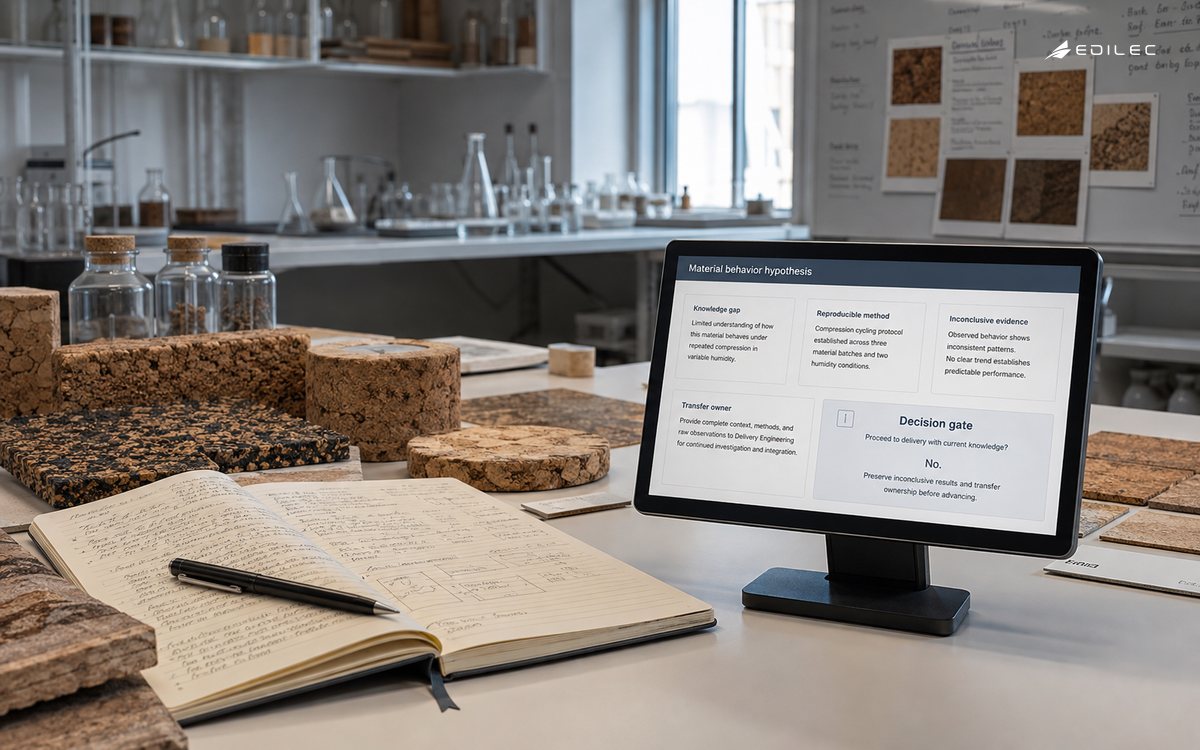 Wide photograph of a materials research studio with cork samples, an experiment notebook and a small opaque supported terminal.