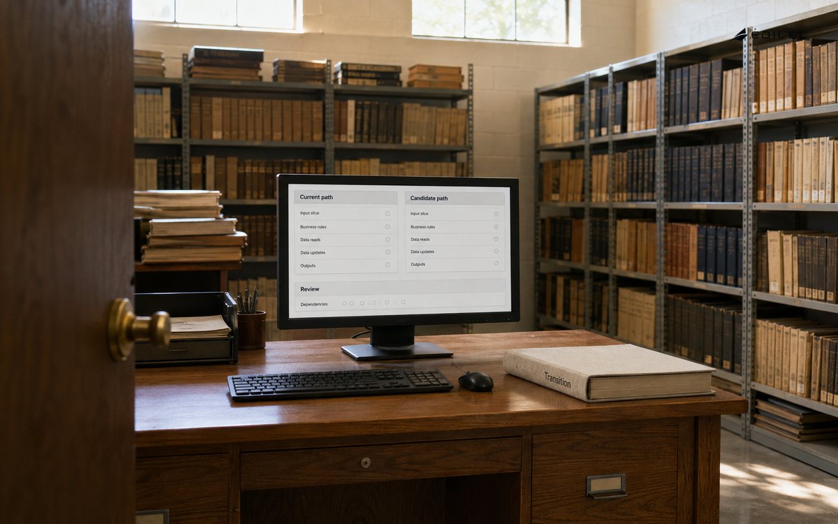 Parallel comparison software beside retained manuals in an enterprise archive room.