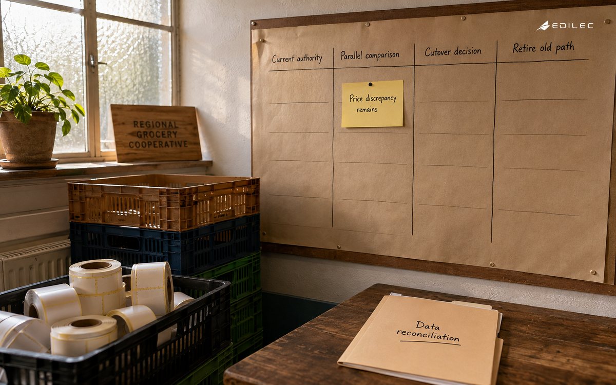 A grocery pricing office keeps a discrepancy in parallel comparison before an authority cutover.