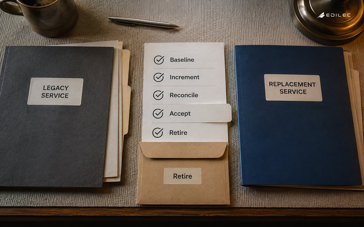 Top-down photograph of legacy and replacement service folders bridged by a continuity checklist, with a retirement envelope held beneath an acceptance tab.