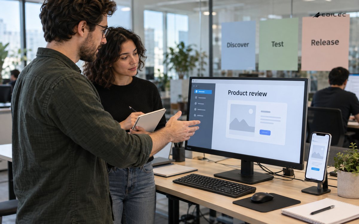 Two colleagues review a software prototype on a desktop monitor and phone in a product team workspace.