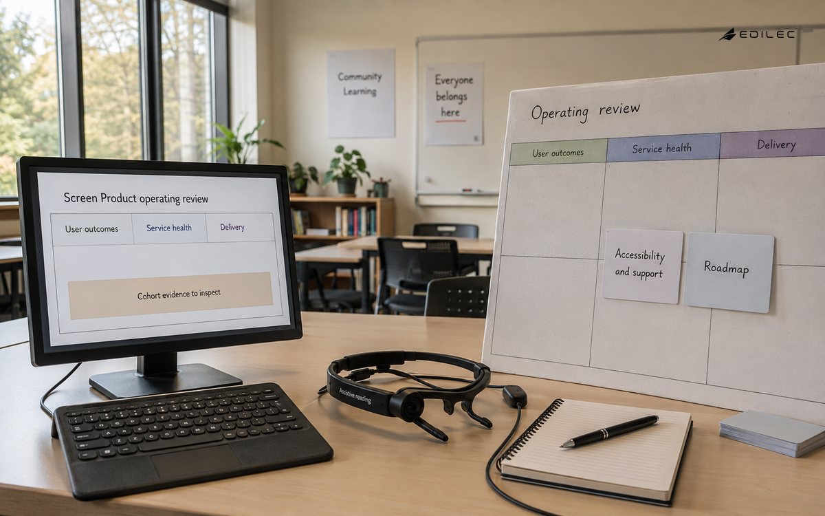A product review room keeps accessibility and support evidence beside service health and roadmap decisions.