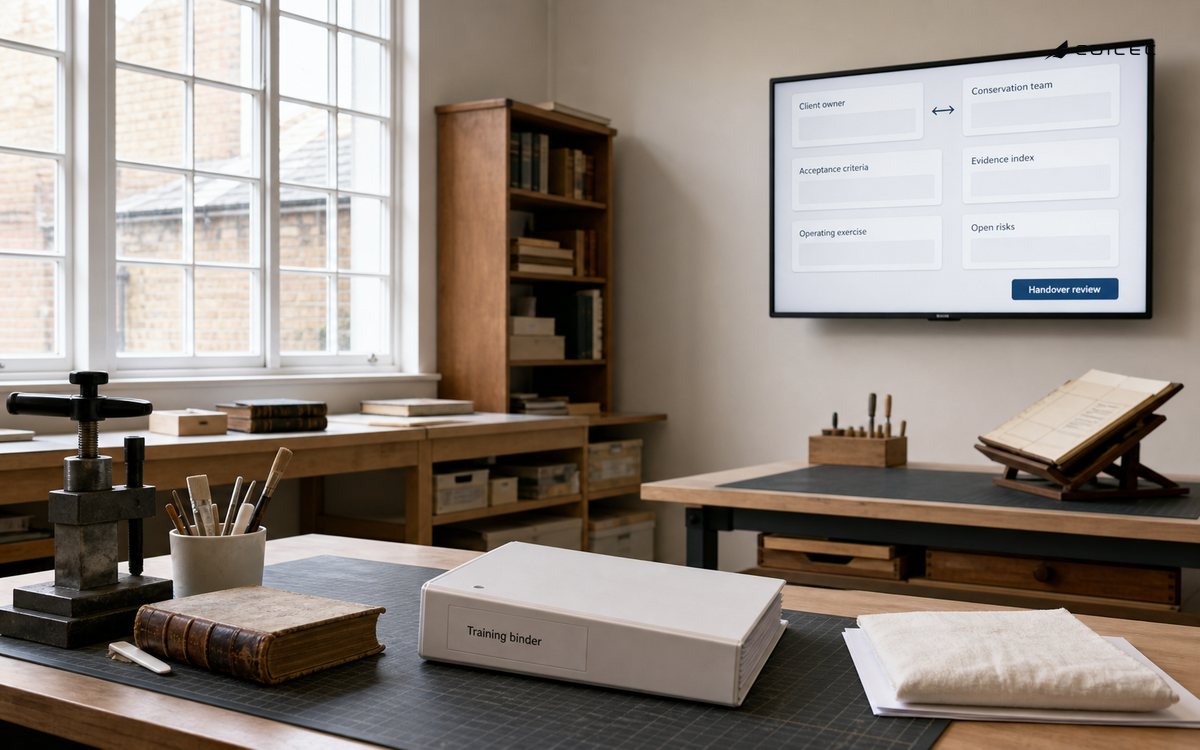 A conservation training room displays handover criteria, evidence and client ownership.