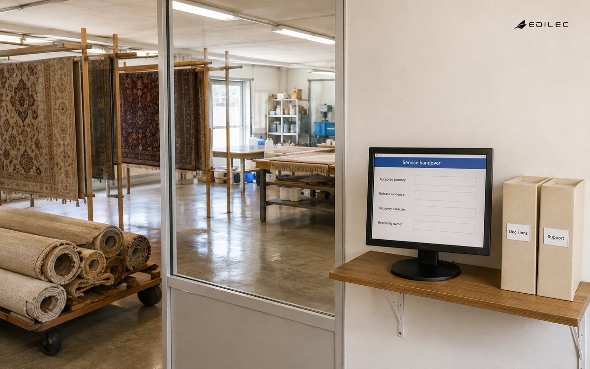 A rug-restoration service office holds software handover records and an illustrative receiving-team review.