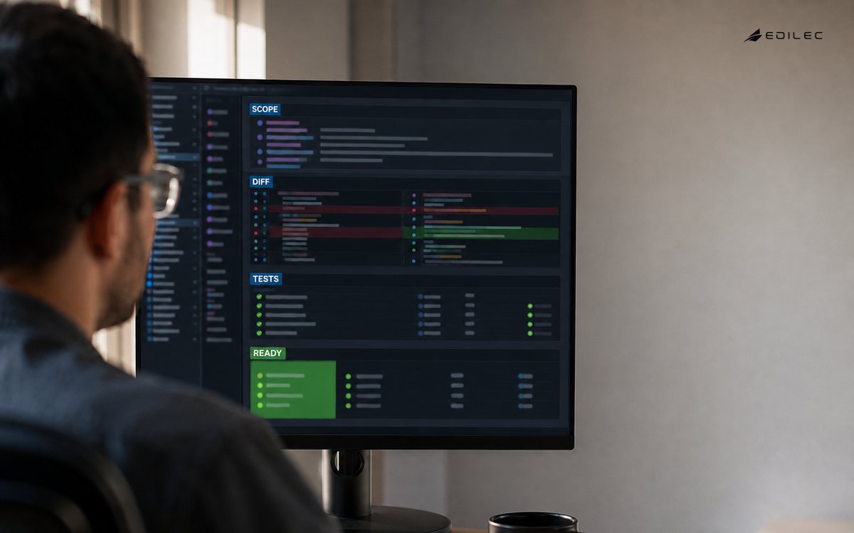 A software engineer reviews scope, code differences, tests and release readiness on a development screen.