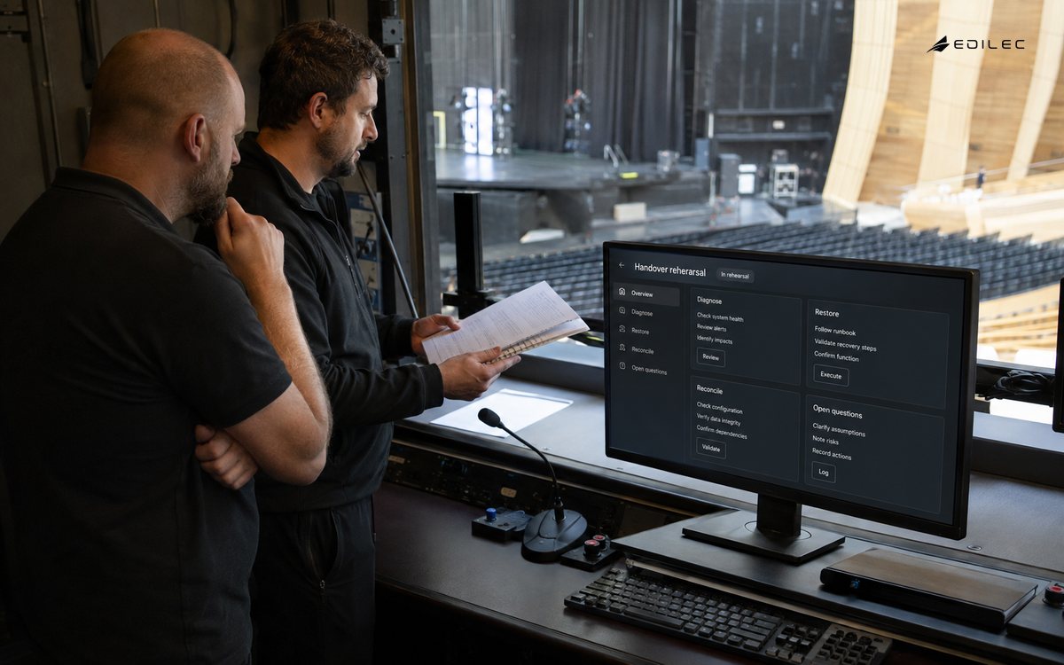 A theatre control booth hosts an operator-led service handover rehearsal.