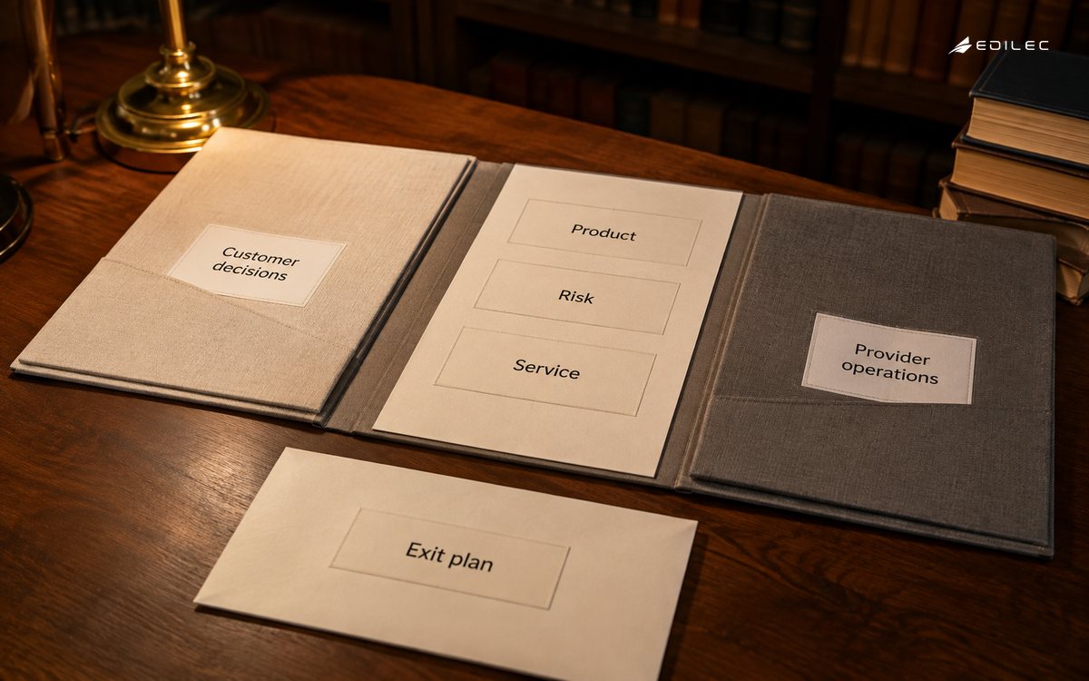 Two operational folders distinguish customer decisions from provider operations and preserve an exit plan.