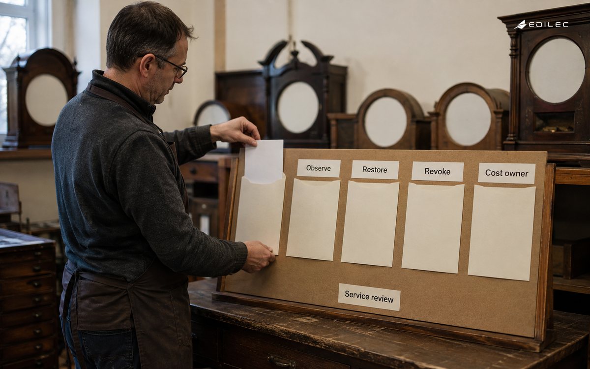 An operator files a blank exercise record among deployment, recovery and ownership evidence in a clock-service office.