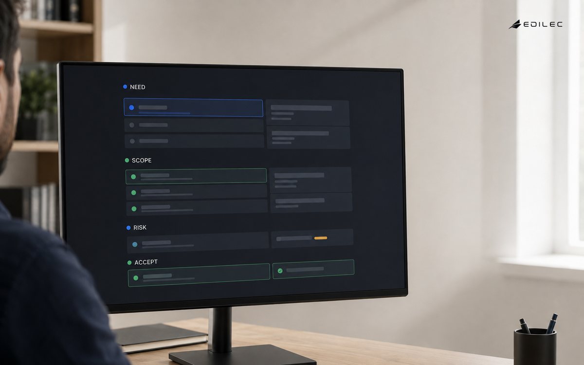 A digital-solution scoping application moves a Need through Scope and Risk review to Accept.