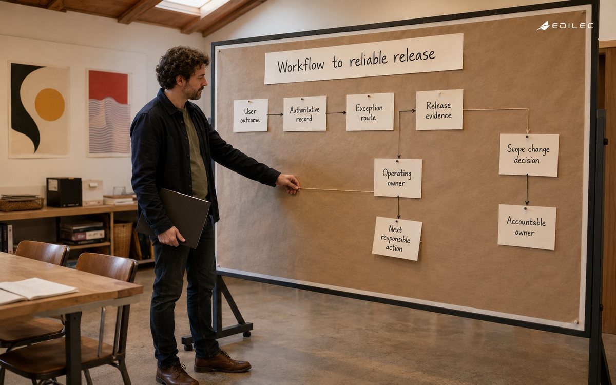 A standing facilitator connects workflow evidence and exception handling to the operating owner of a digital release.