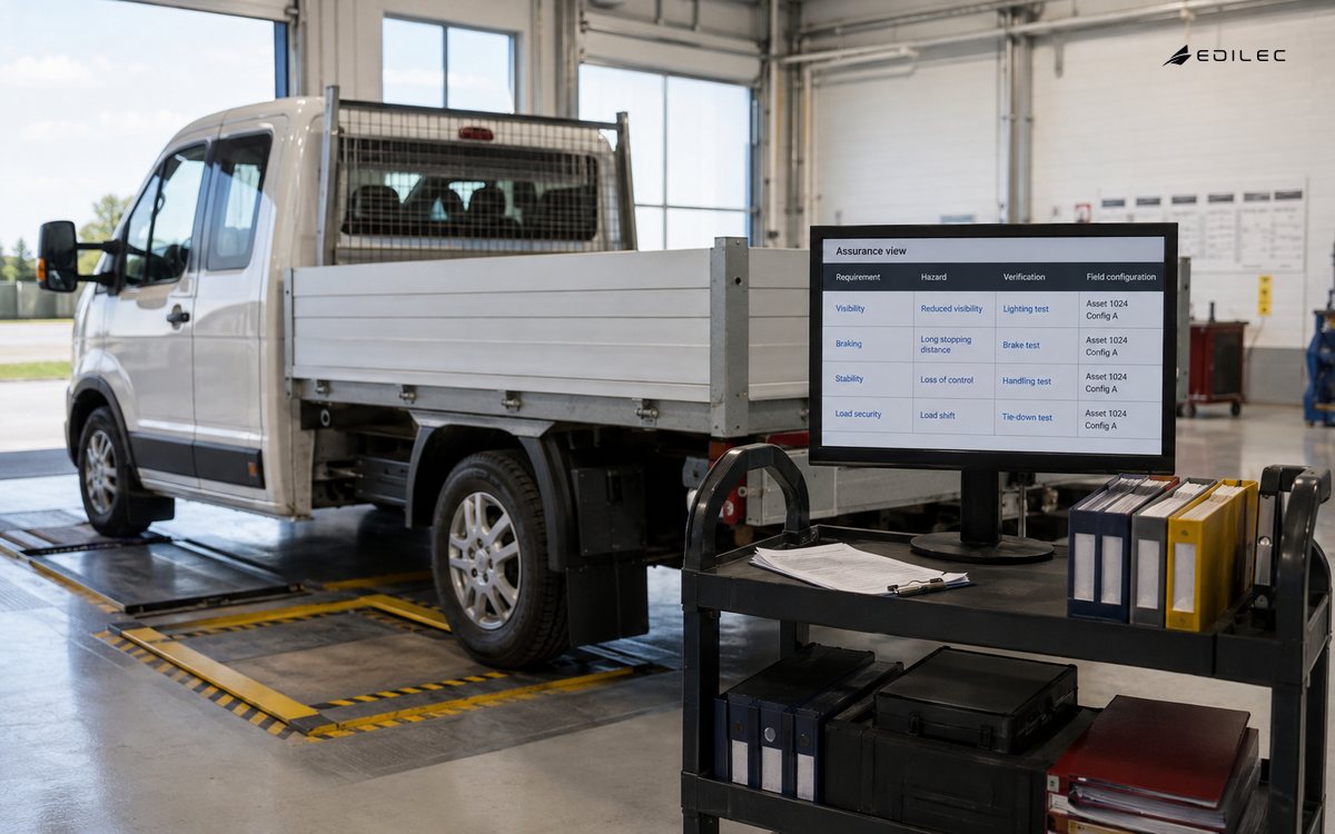 Wide photograph of a non-weaponized generic utility vehicle in a vehicle inspection studio, maintenance cart with binders and a small opaque monitor on stand.
