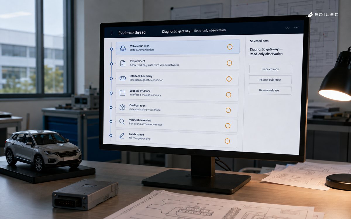 A vehicle-assurance viewer traces a diagnostic gateway’s configuration and field-change evidence.