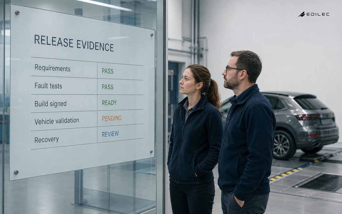 Automotive software engineers reviewing requirements, fault tests, signed-build status, vehicle validation and recovery evidence.