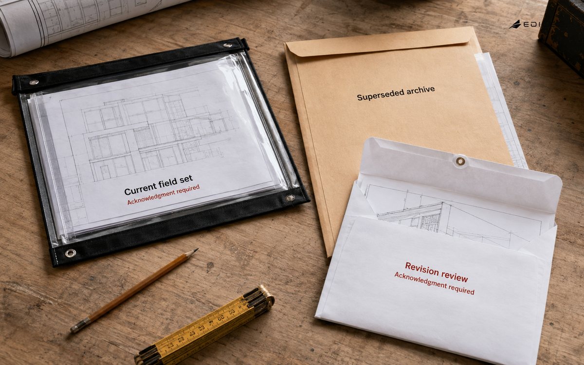 A current construction drawing stays separate from superseded records and revision review.