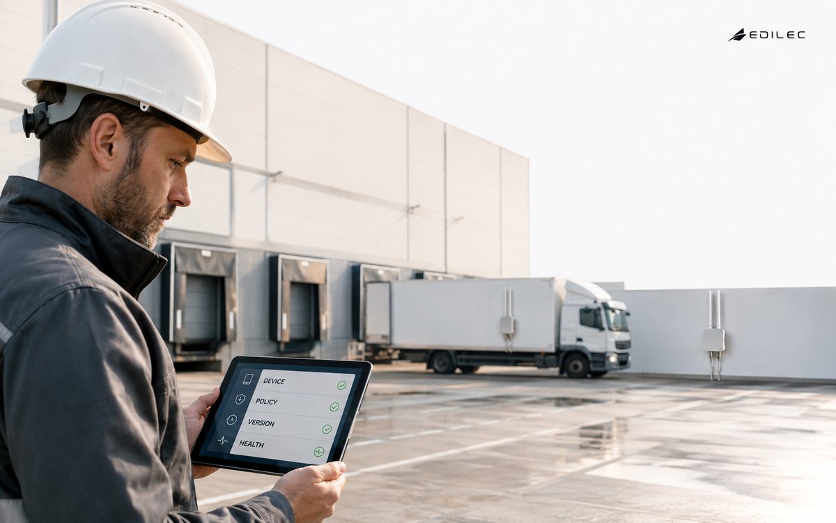 A field technician reviews device, policy, version and health status on a tablet beside a loading dock.