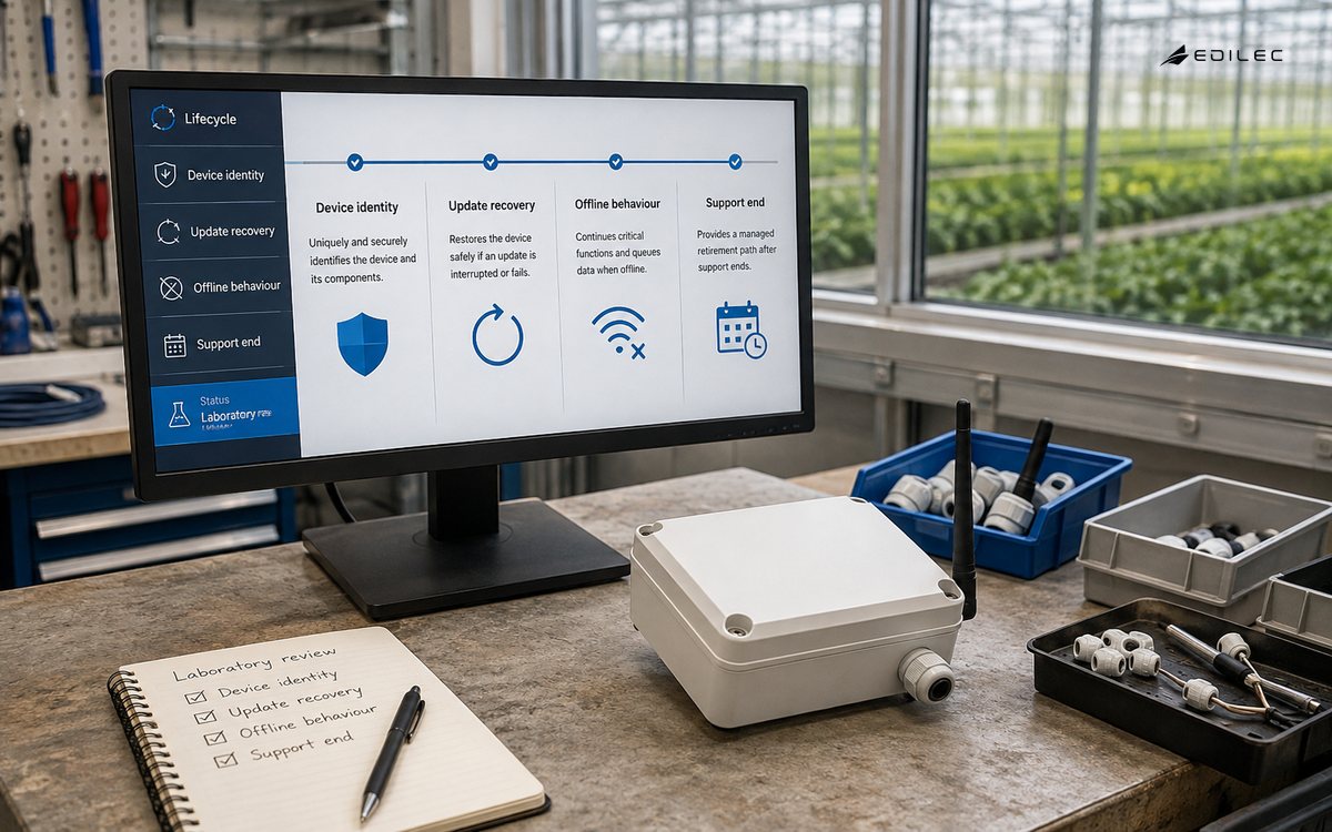 A greenhouse equipment bench reviews a connected product's lifecycle controls.
