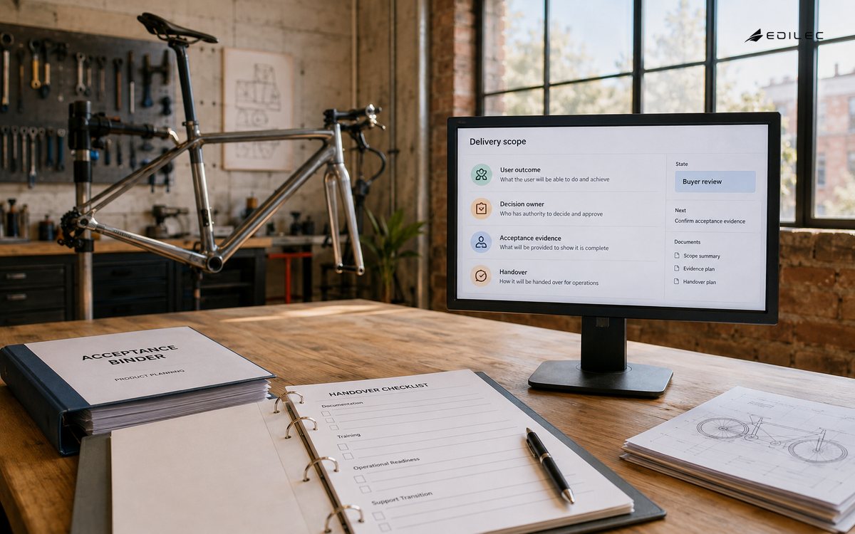 A product planning table connects software delivery scope with acceptance and handover.
