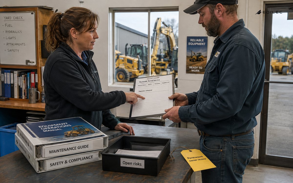 Cooperative staff hand over a rental-service runbook and review the permanent operator's rehearsal.